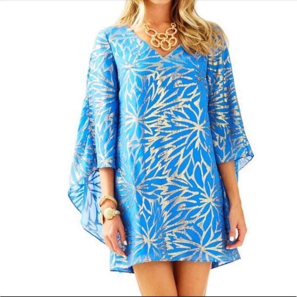 Lilly Pulitzer Miri Silk Caftan Palm Burst 14 Blue Gold Flowy